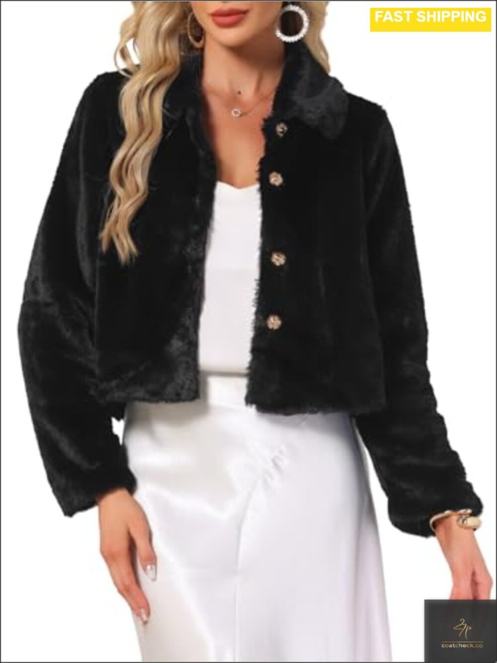 Faux Fur Crop Coat Snap Button Fluffy Party Evening Jacket